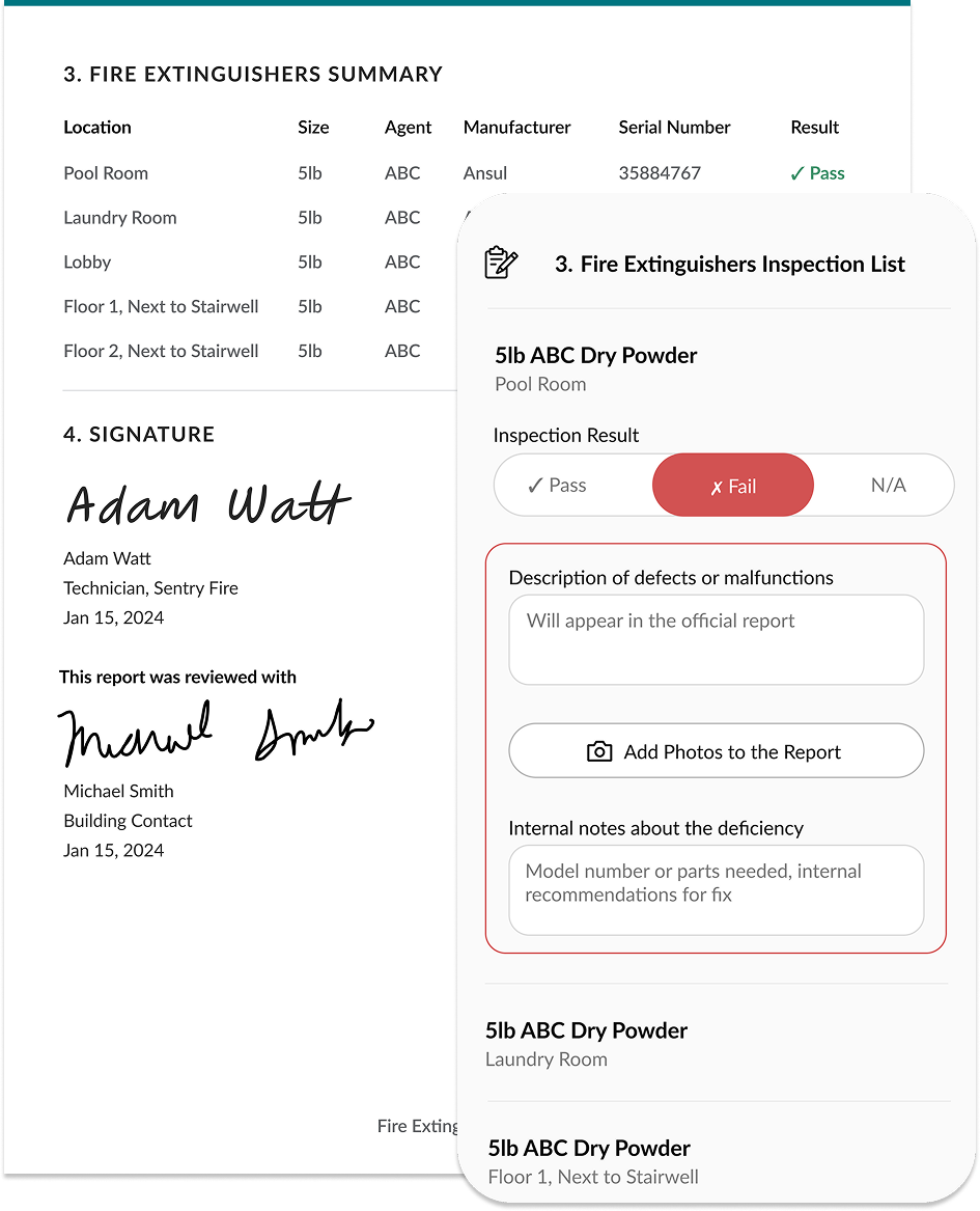 A screenshot of Essential's NFPA 10 inspection report and mobile app for technicians